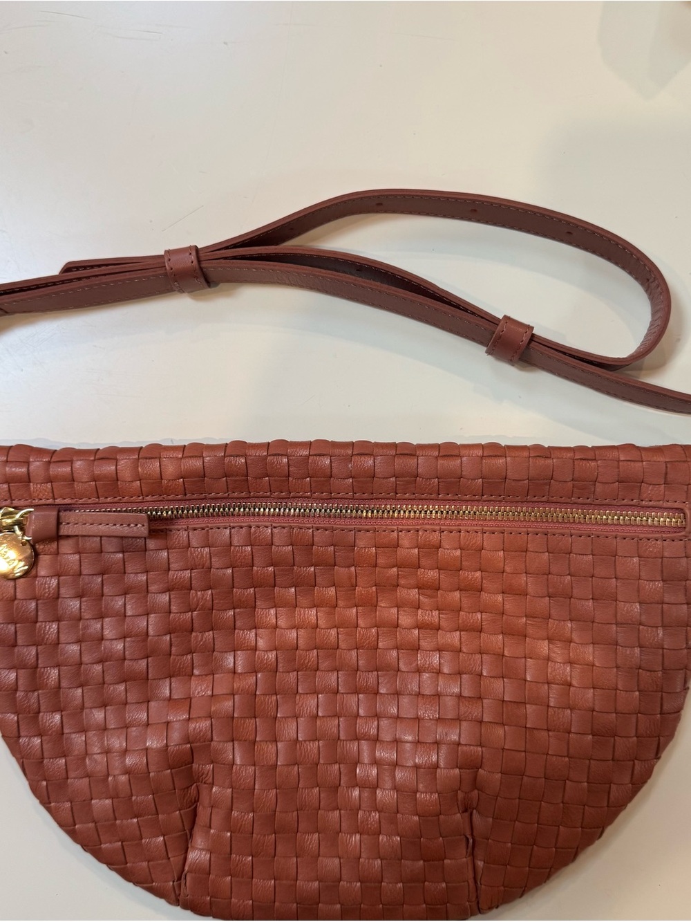Clare V. Grande Fanny Woven Leather Crossbody Desert Rose
